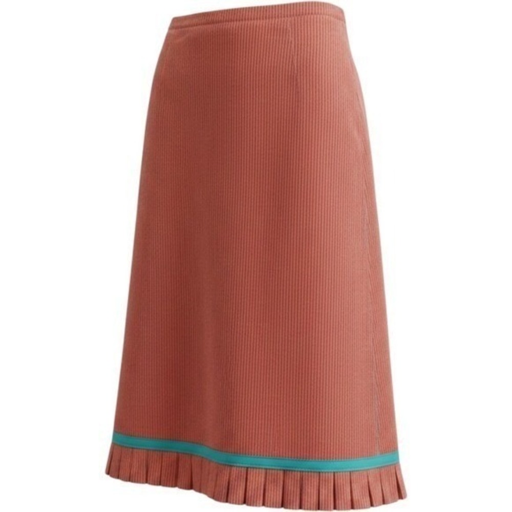 Lucinda Eden Custom Red Yellow Striped A-Line Skirt Turquoise Trim Pleated Hem